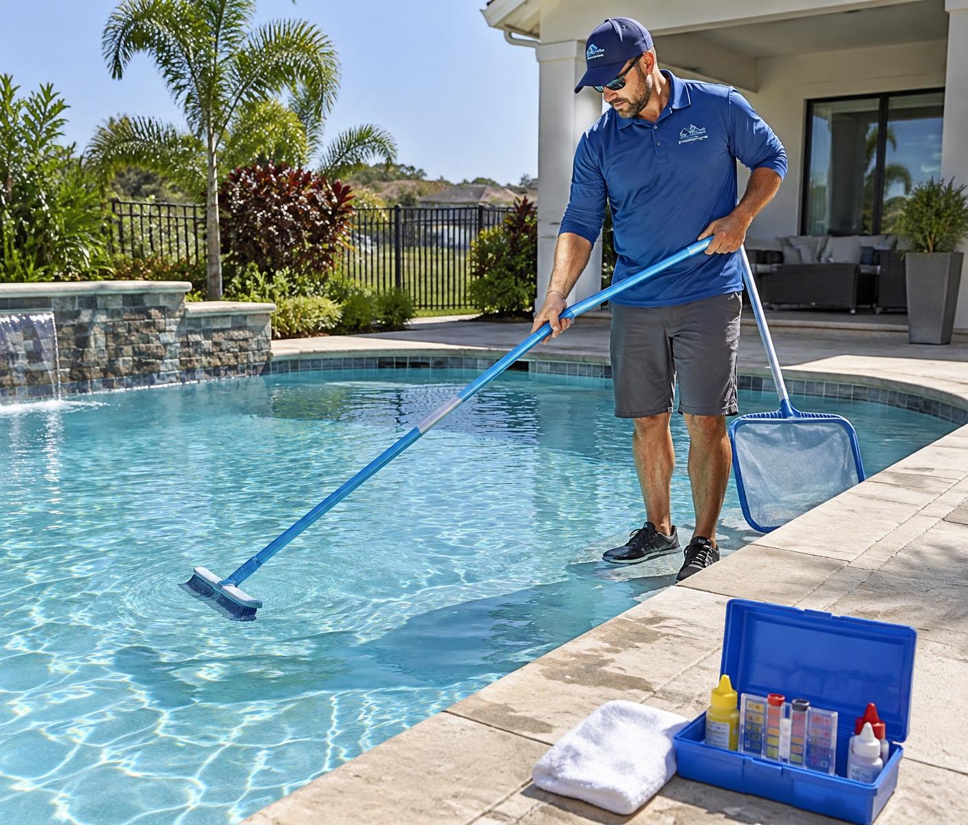 Pool technician brushing and skimming a residential pool